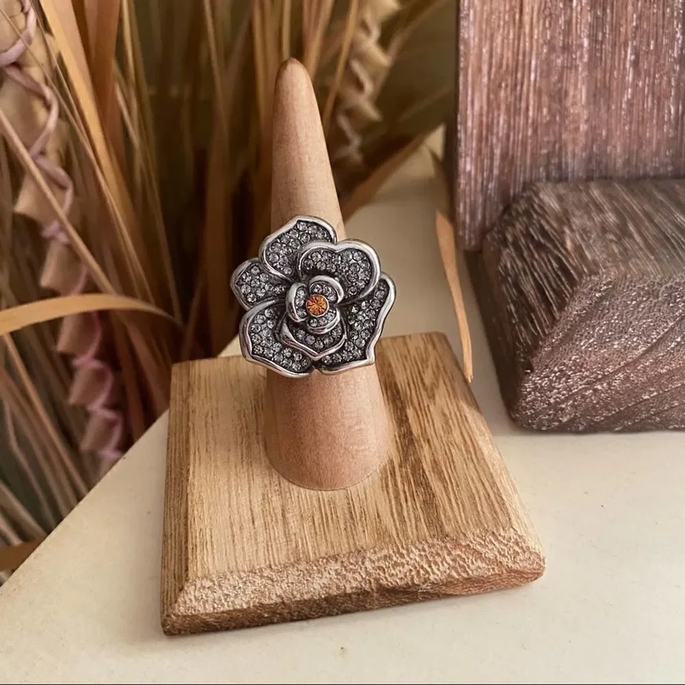 TK316 Stainless Steel Topaz Rhinestone Flower Ring Size 6